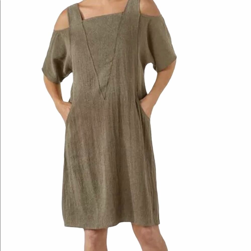 Soft Surroundings Emelia Olive Linen Blend Cold Shoulder Dress Lagenlook PM